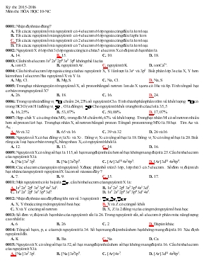 Kỳ thi 2015 - 2016 môn thi Hóa học 10